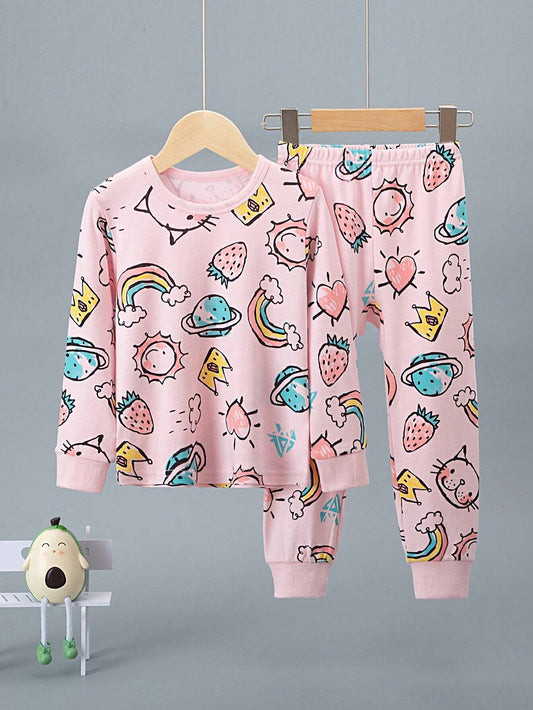 SHEIN طقم بيجامة بنات قطني 2 قطعة بطبعة كوكب كرتونية