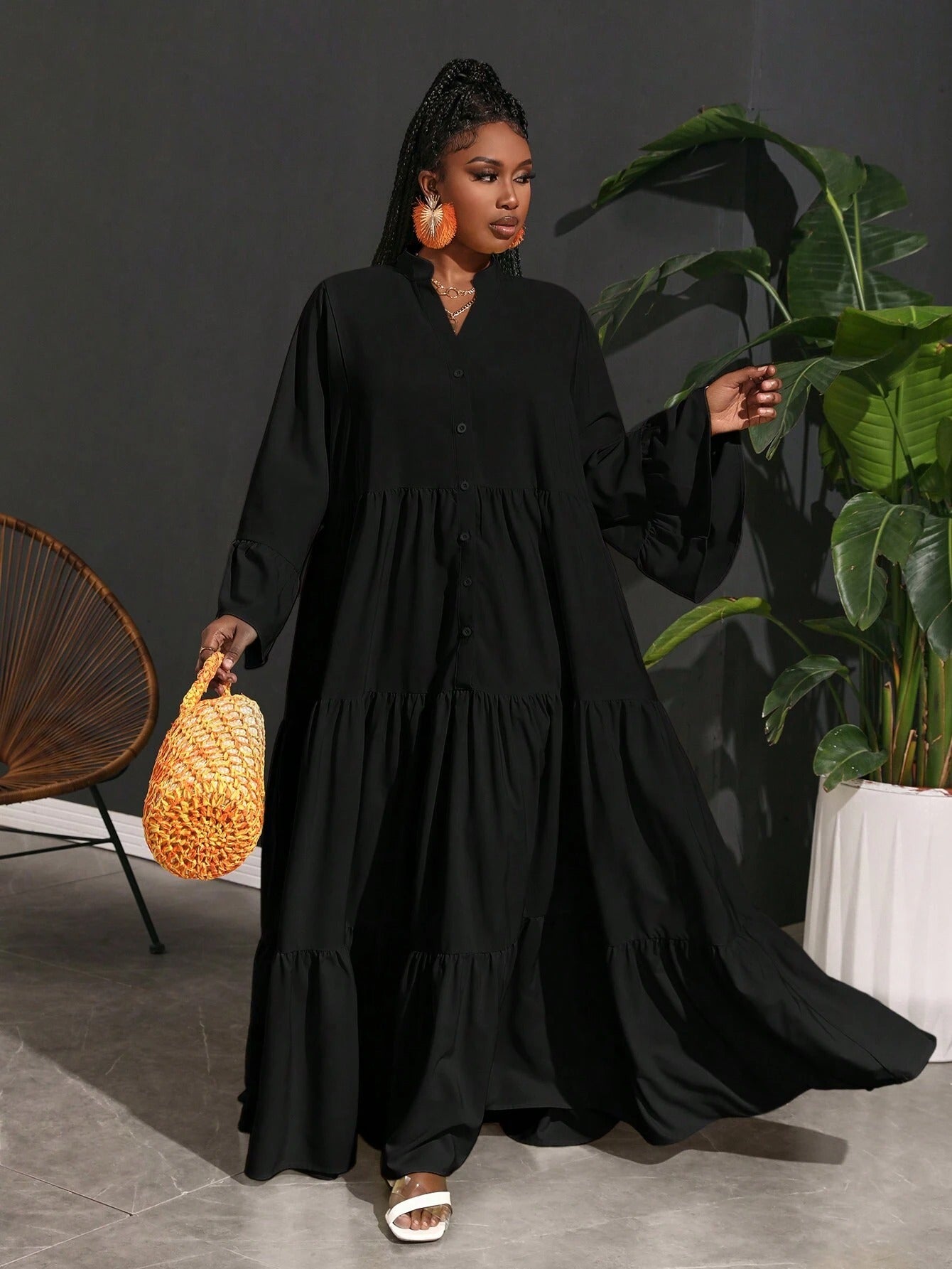 SHEIN Slaydiva فستان قميص شيفون A لاين مقاسات كبيرة