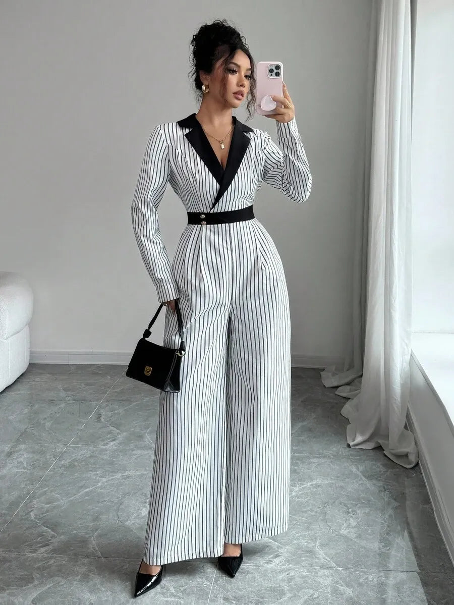 SHEIN Rafferiza جمبسوت نسائي بياقة منقلبة وخصر برباط بلون أبيض وأسود