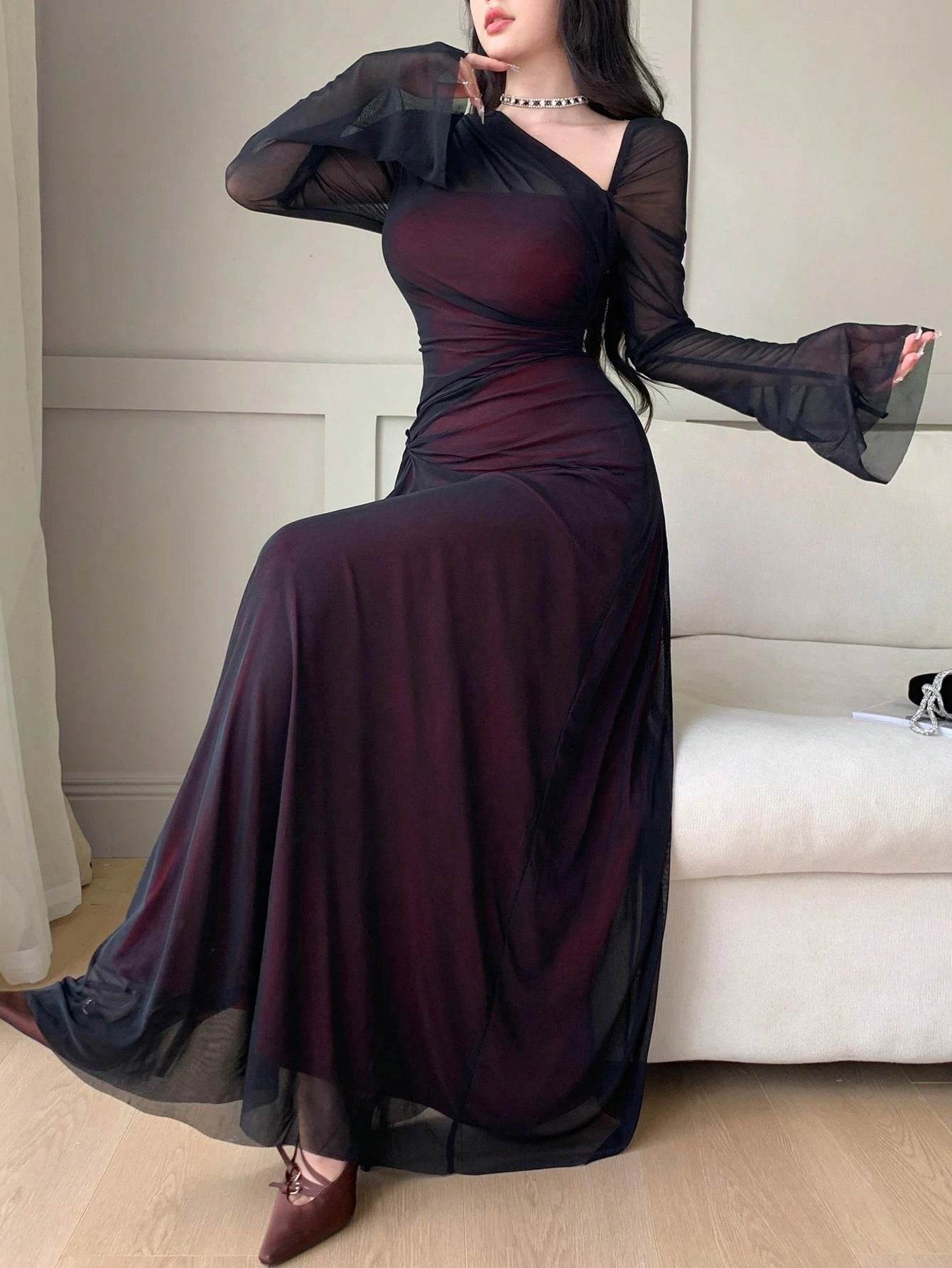 SHEIN Feyla فستان نسائي بأكمام واسعة وياقة غير متماثلة