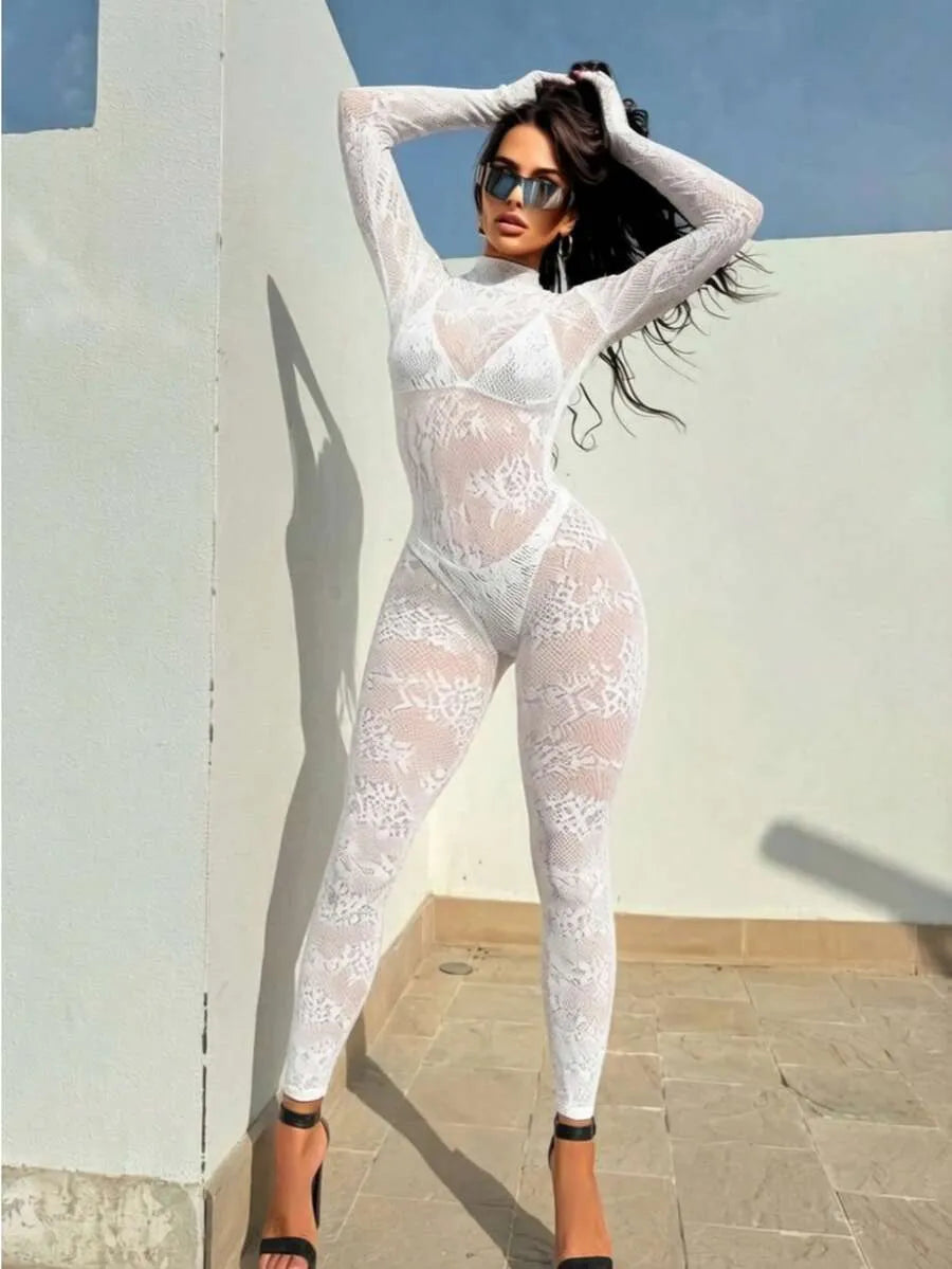 SHEIN جمبسوت لانجري نسائي طويل الأكمام مفرغ وشفاف بياقة عالية بلون أبيض
