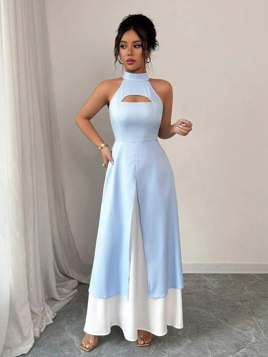 SHEIN Unity فستان بوديكون أزرق بتباين لوني وشق