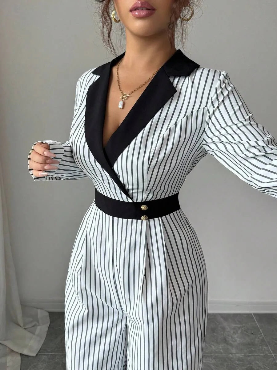 SHEIN Rafferiza جمبسوت نسائي بياقة منقلبة وخصر برباط بلون أبيض وأسود
