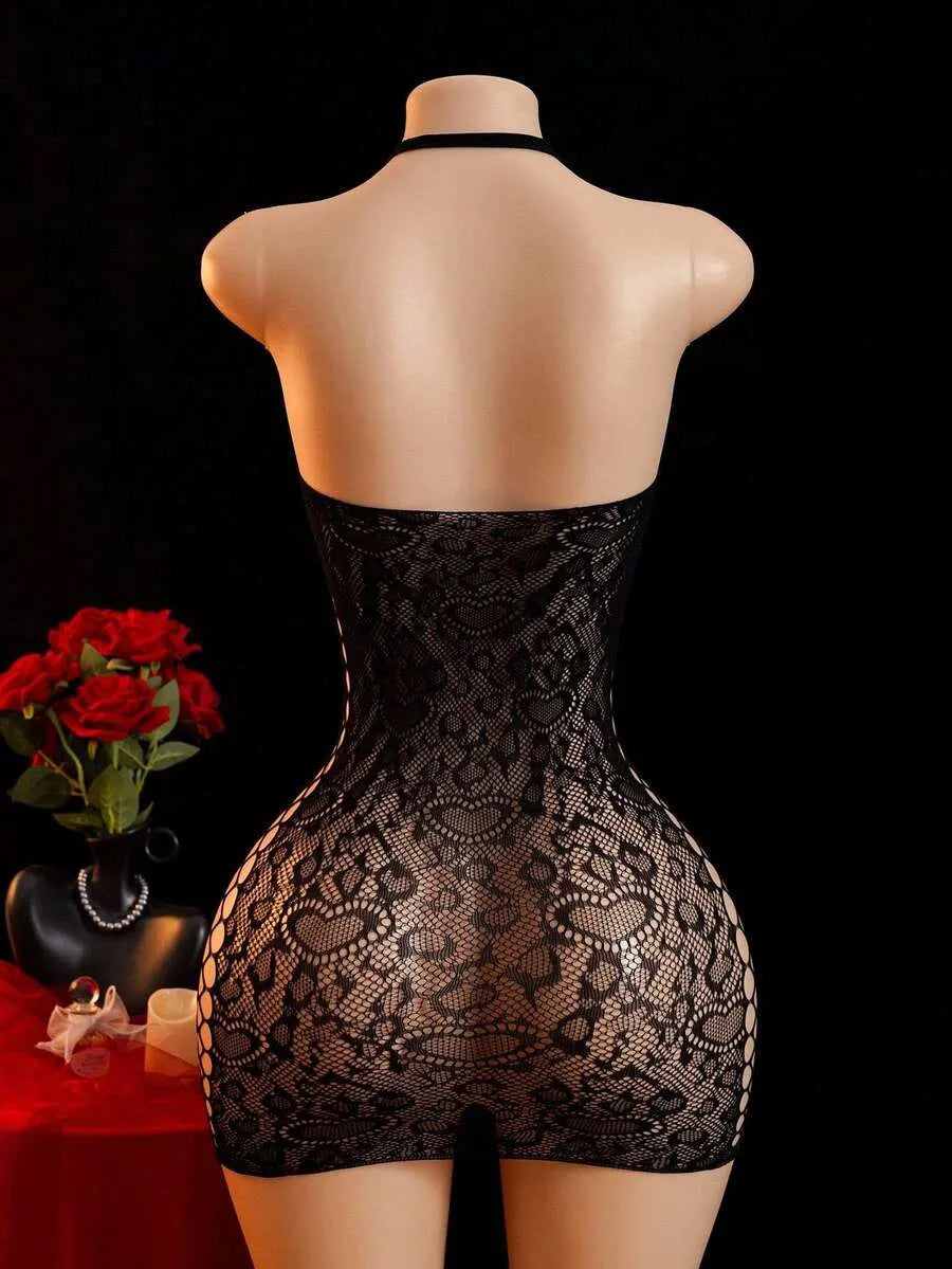 SHEIN benxi بودي نسائي من الشبك بتصميم هندسي مفرغ وياقة هالتر بلون أسود