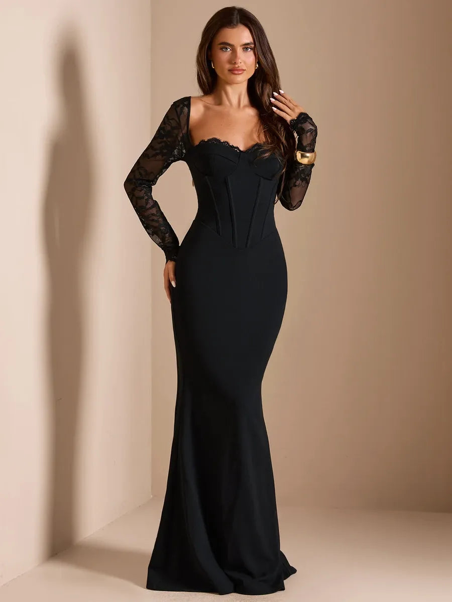 SHEIN BAE CURVE فستان نسائي من الدانتيل بياقة قلب وقصة حورية البحر بلون أسود