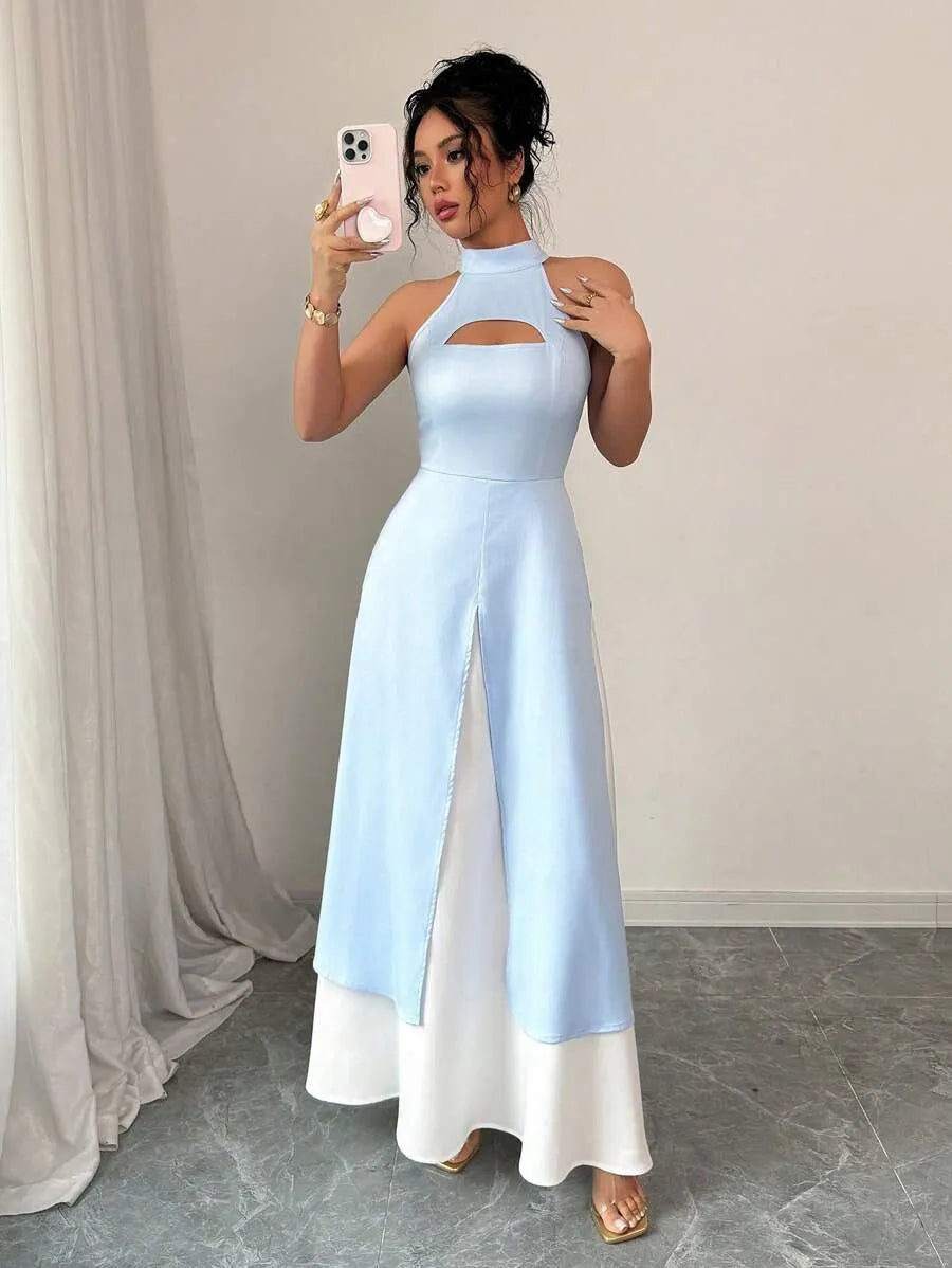 SHEIN Unity فستان بوديكون أزرق بتباين لوني وشق