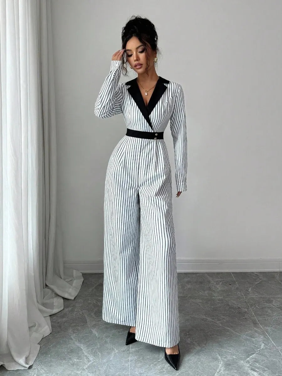 SHEIN Rafferiza جمبسوت نسائي بياقة منقلبة وخصر برباط بلون أبيض وأسود