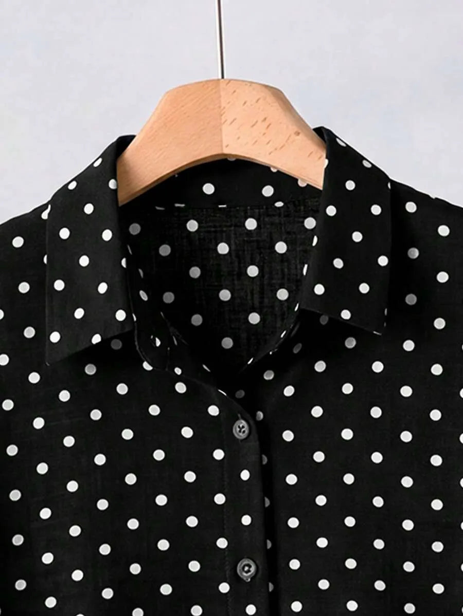 SHEIN Rusticease طقم نسائي قطعتين بلوزة بياقة كشكش وبنطال بلون الأسود والأبيض