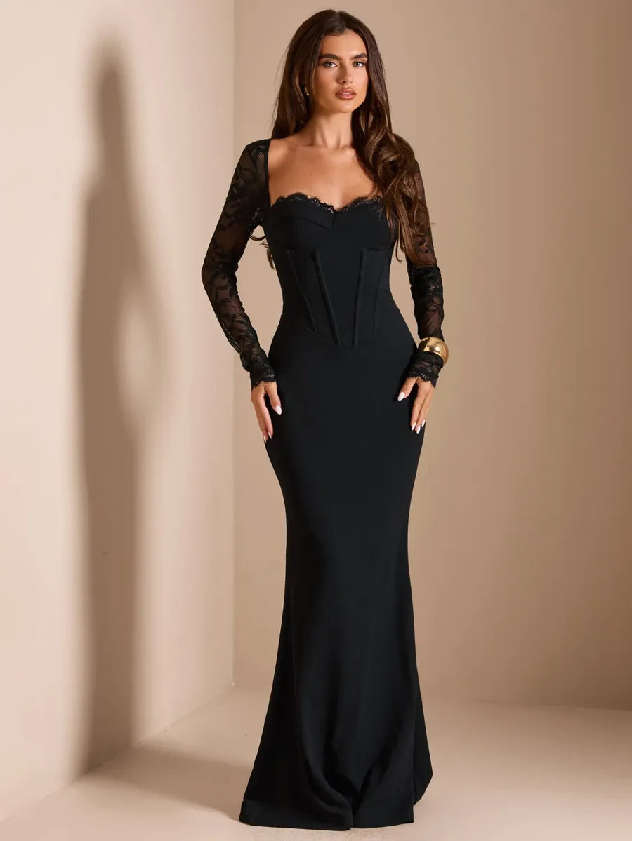 SHEIN BAE CURVE فستان نسائي من الدانتيل بياقة قلب وقصة حورية البحر بلون أسود