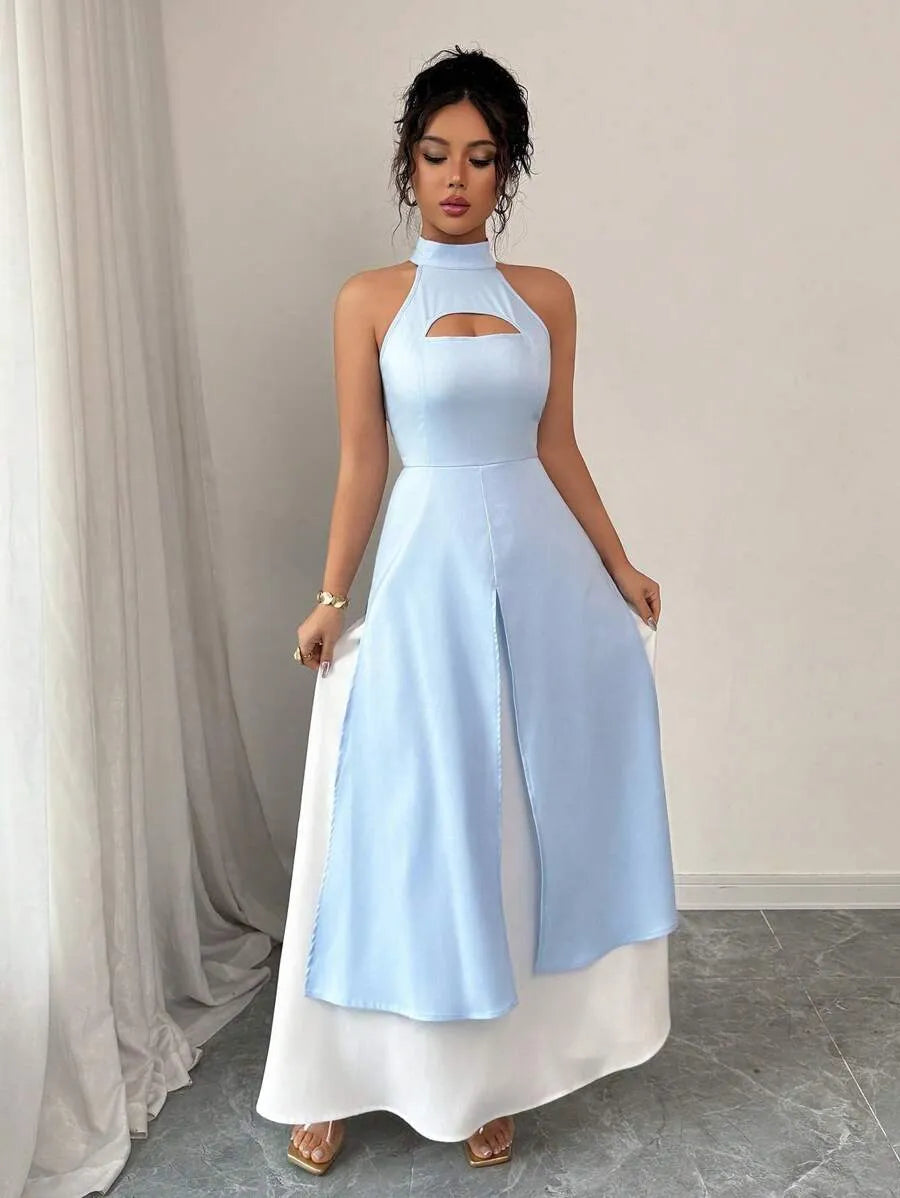 SHEIN Unity فستان بوديكون أزرق بتباين لوني وشق