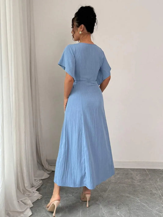 SHEIN Elenzga A-Line فستان نسائي أزرق  متوسط الطول بأزرار وأكمام منفرجة