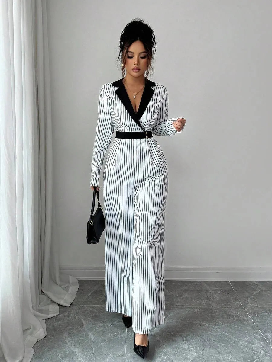 SHEIN Rafferiza جمبسوت نسائي بياقة منقلبة وخصر برباط بلون أبيض وأسود