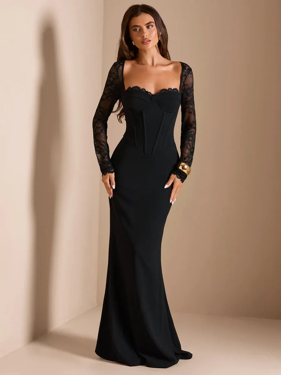 SHEIN BAE CURVE فستان نسائي من الدانتيل بياقة قلب وقصة حورية البحر بلون أسود