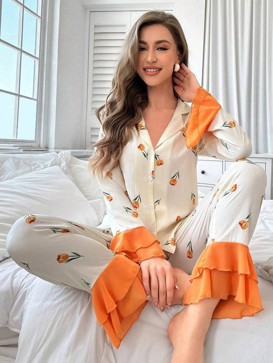 SHEIN CottageSlumber طقم بيجاما  بطبعات زهرية وتفاصيل مكشكشة