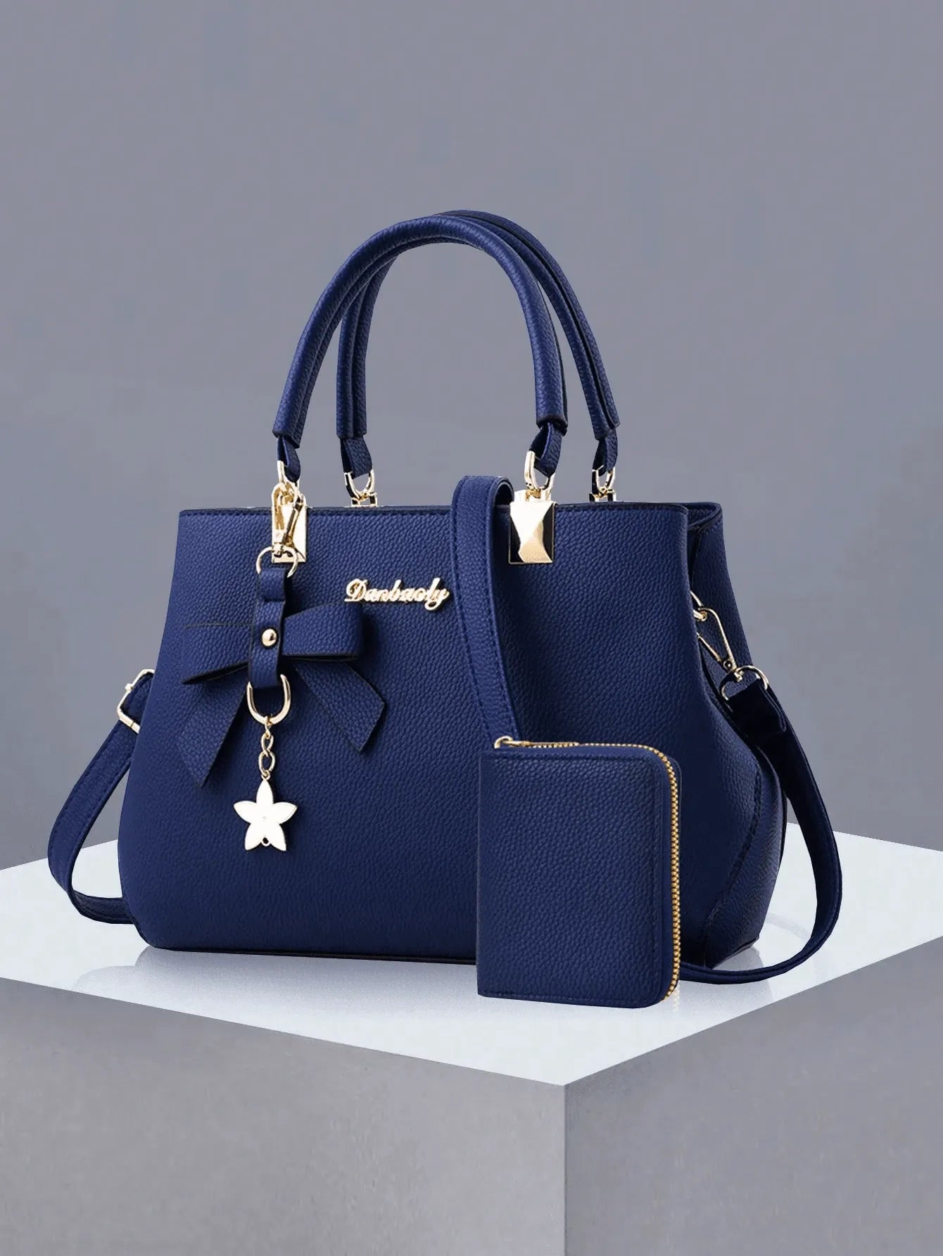 SHEIN طقم حقيبة وحافظة نقود نسائية من البولي يوريثان بلون سادة مع فيونكة وسحاب