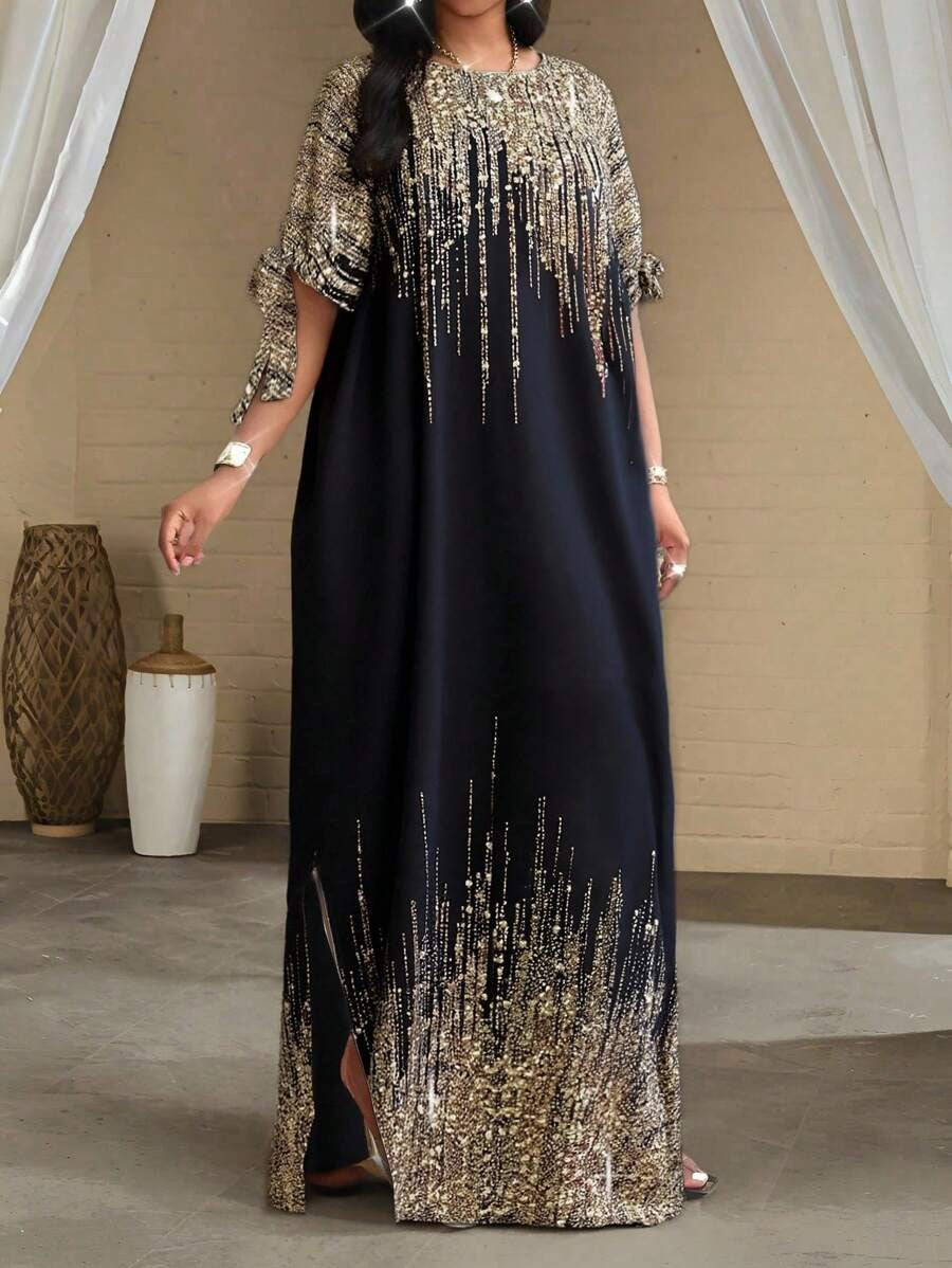 SHEIN فستان أسود فضفاض بنص كم ولمعة ناعمة