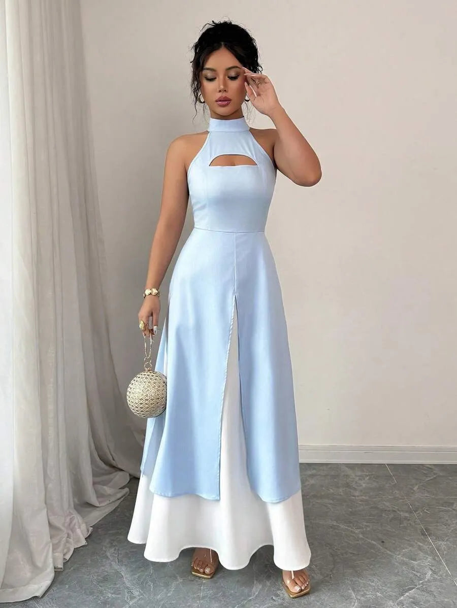 SHEIN Unity فستان بوديكون أزرق بتباين لوني وشق
