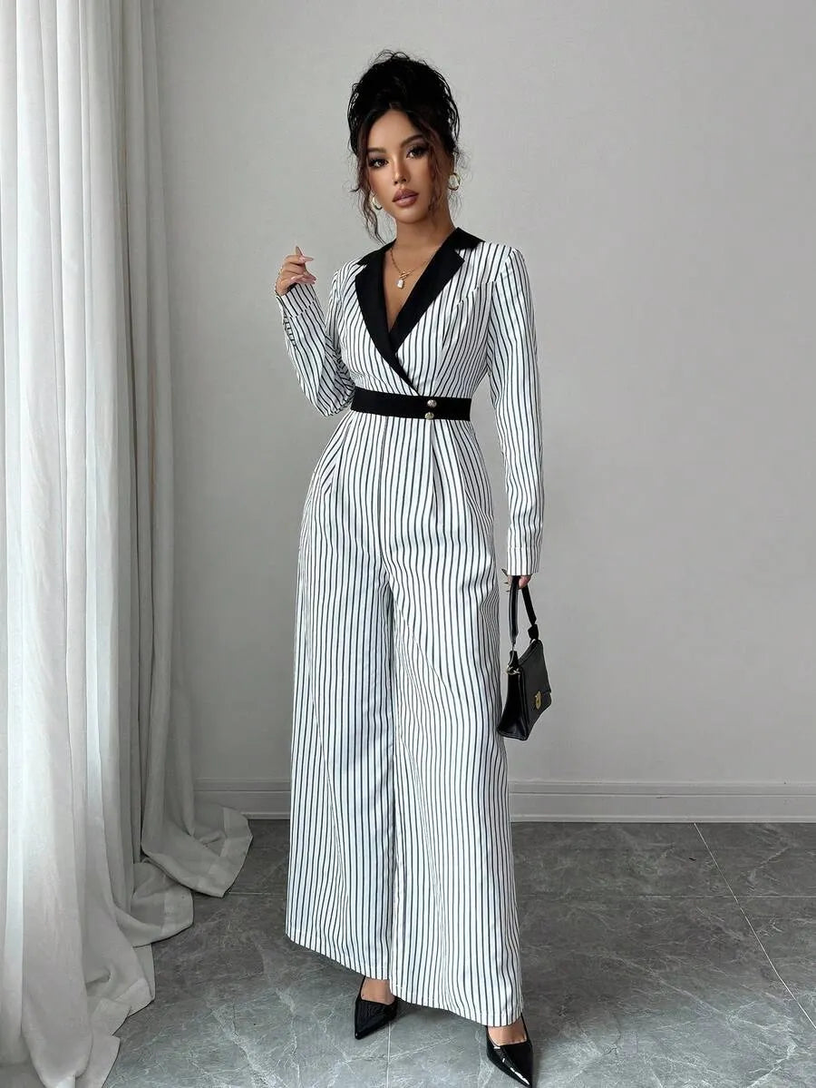SHEIN Rafferiza جمبسوت نسائي بياقة منقلبة وخصر برباط بلون أبيض وأسود