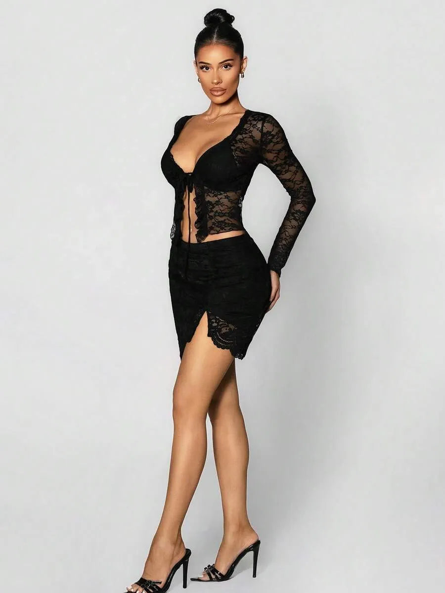 SHEIN Sirith كارديجان نسائي مزخرف بالدانتيل وربطة عنق