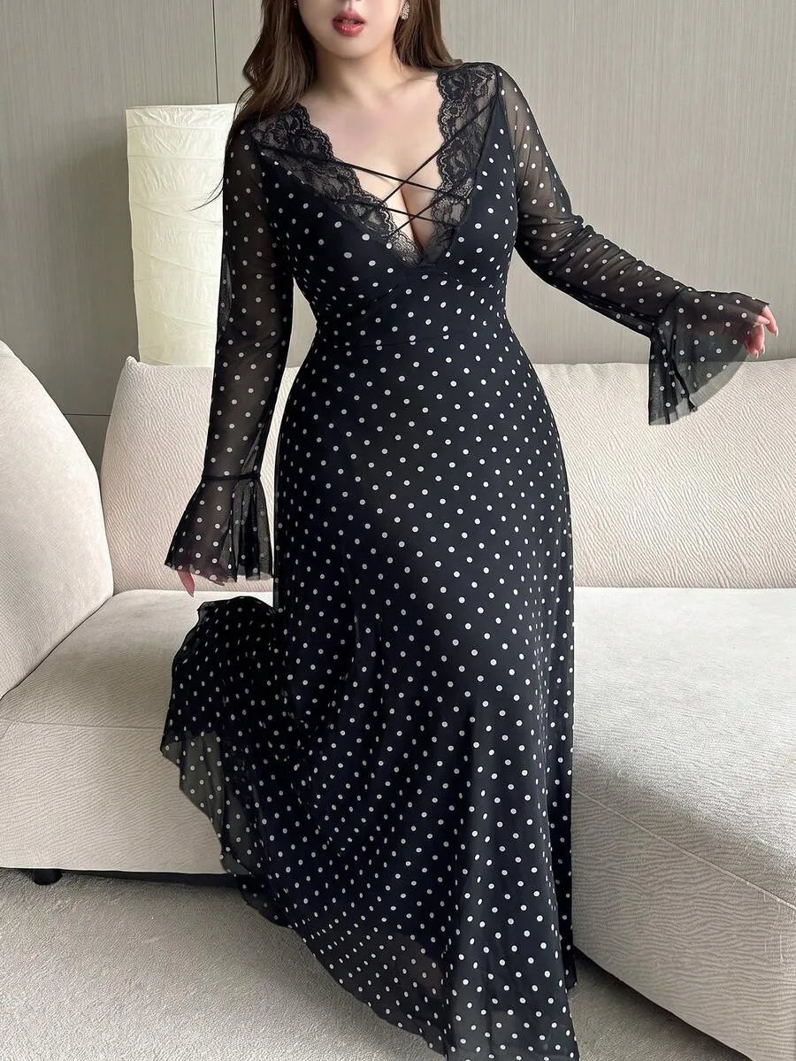 SHEIN Vibekara فستان نسائي ماكسي بياقة عميقة ودانتيل وربطة بلون متعدد الألوان