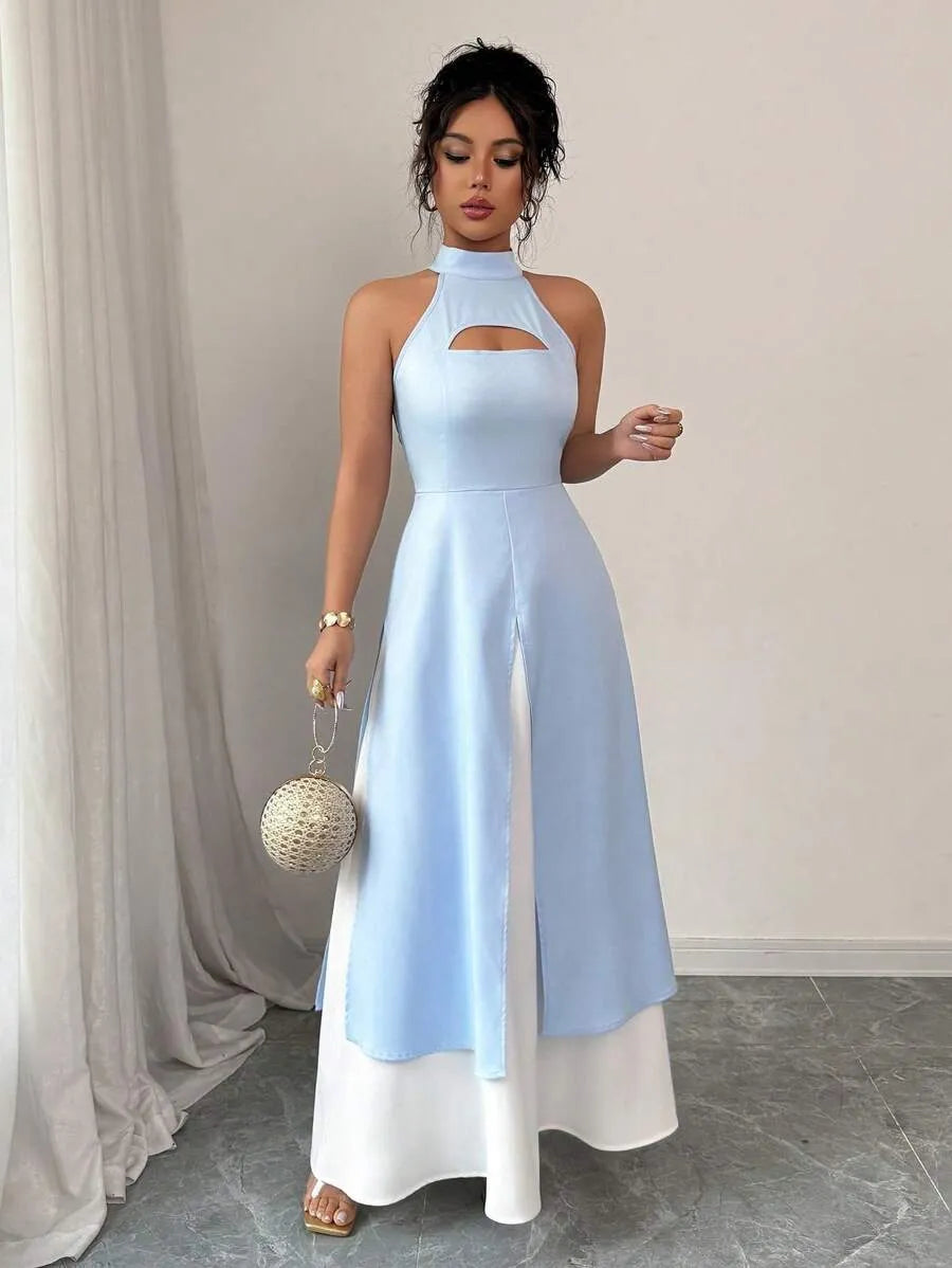 SHEIN Unity فستان بوديكون أزرق بتباين لوني وشق