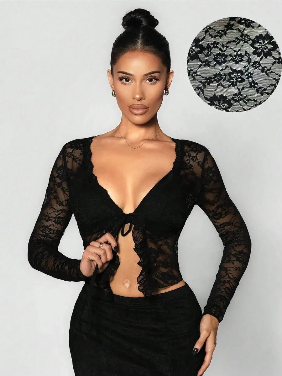 SHEIN Sirith كارديجان نسائي مزخرف بالدانتيل وربطة عنق