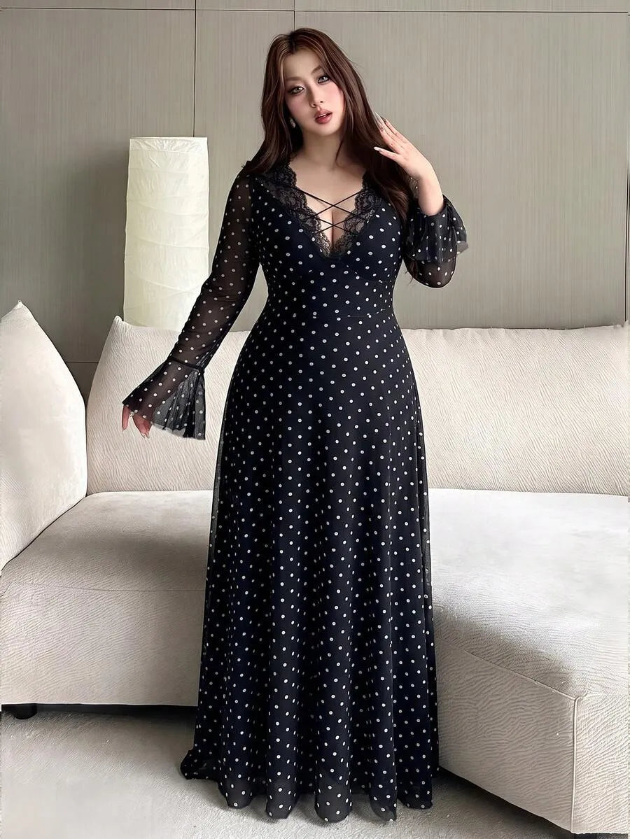 SHEIN Vibekara فستان نسائي ماكسي بياقة عميقة ودانتيل وربطة بلون متعدد الألوان