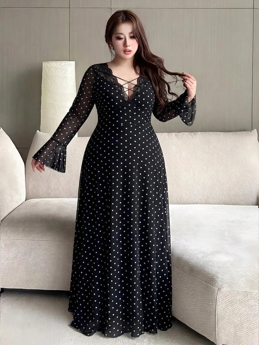 SHEIN Vibekara فستان نسائي ماكسي بياقة عميقة ودانتيل وربطة بلون متعدد الألوان