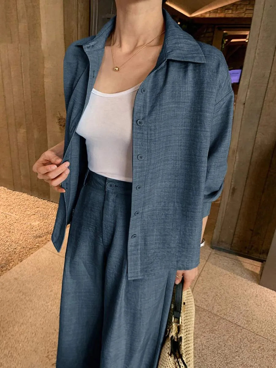 SHEIN DAZY طقم نسائي قطعتين بلوزة بأزرار أمامية وبنطال طويل بجيوب بلون أزرق بحري