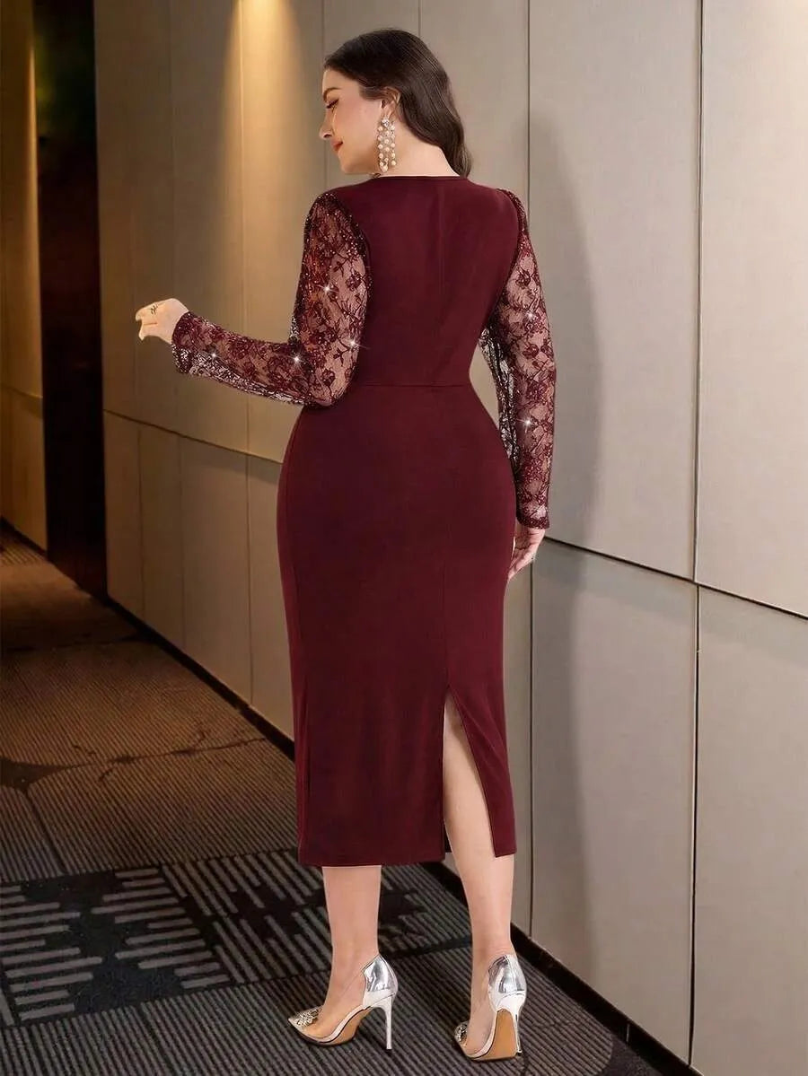 SHEIN Modelyn فستان نسائي ضيق بترتر ودانتيل بلون عنابي