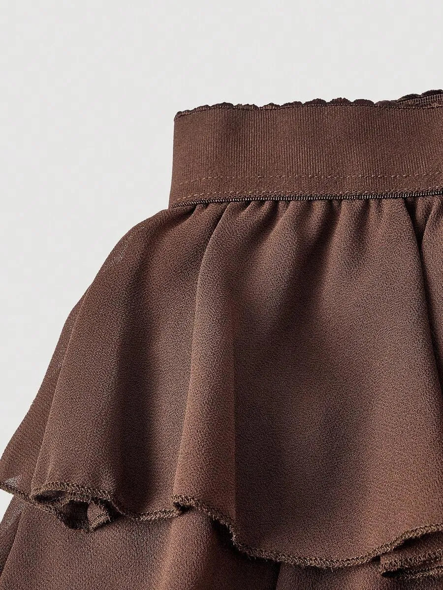 SHEIN MOD تنورة ماكسي نسائية من الشيفون والدانتيل بخصر عالٍ وطبقات بلون بني