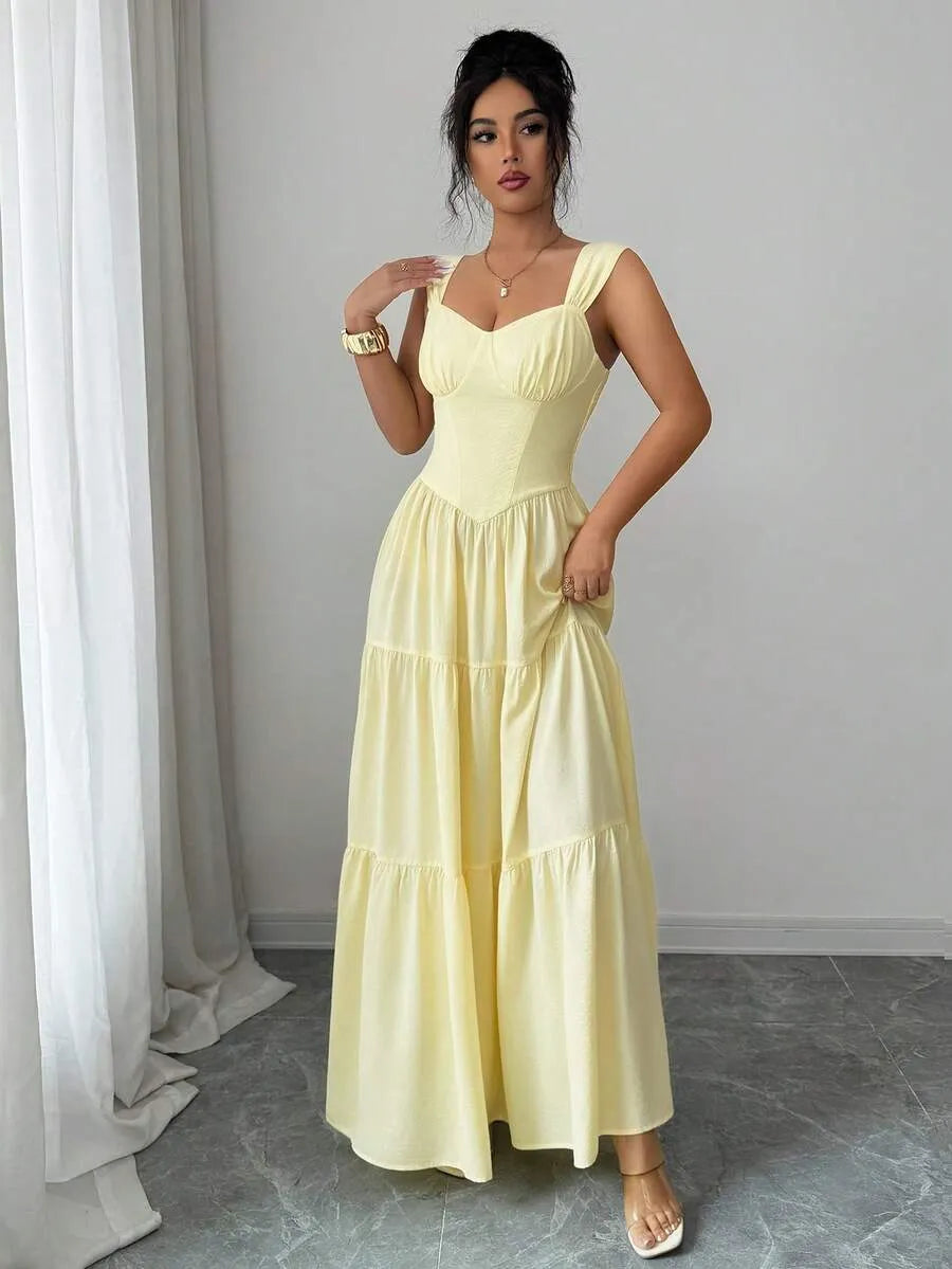 SHEIN Elenzga فستان طويل أصفر بياقة مربعة وحمالات عريضة وطبقات مكشكشة