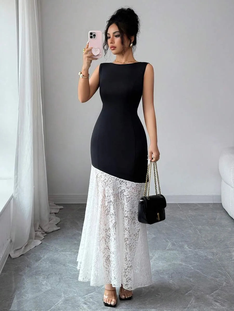 SHEIN Selianne فستان نسائي أنيق بتباين الدانتيل وبدون أكمام أسود