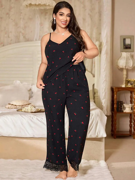 SHEIN CottageSlumber طقم بيجامة نسائي بلون أسود بدانتيل ونقوش زهور