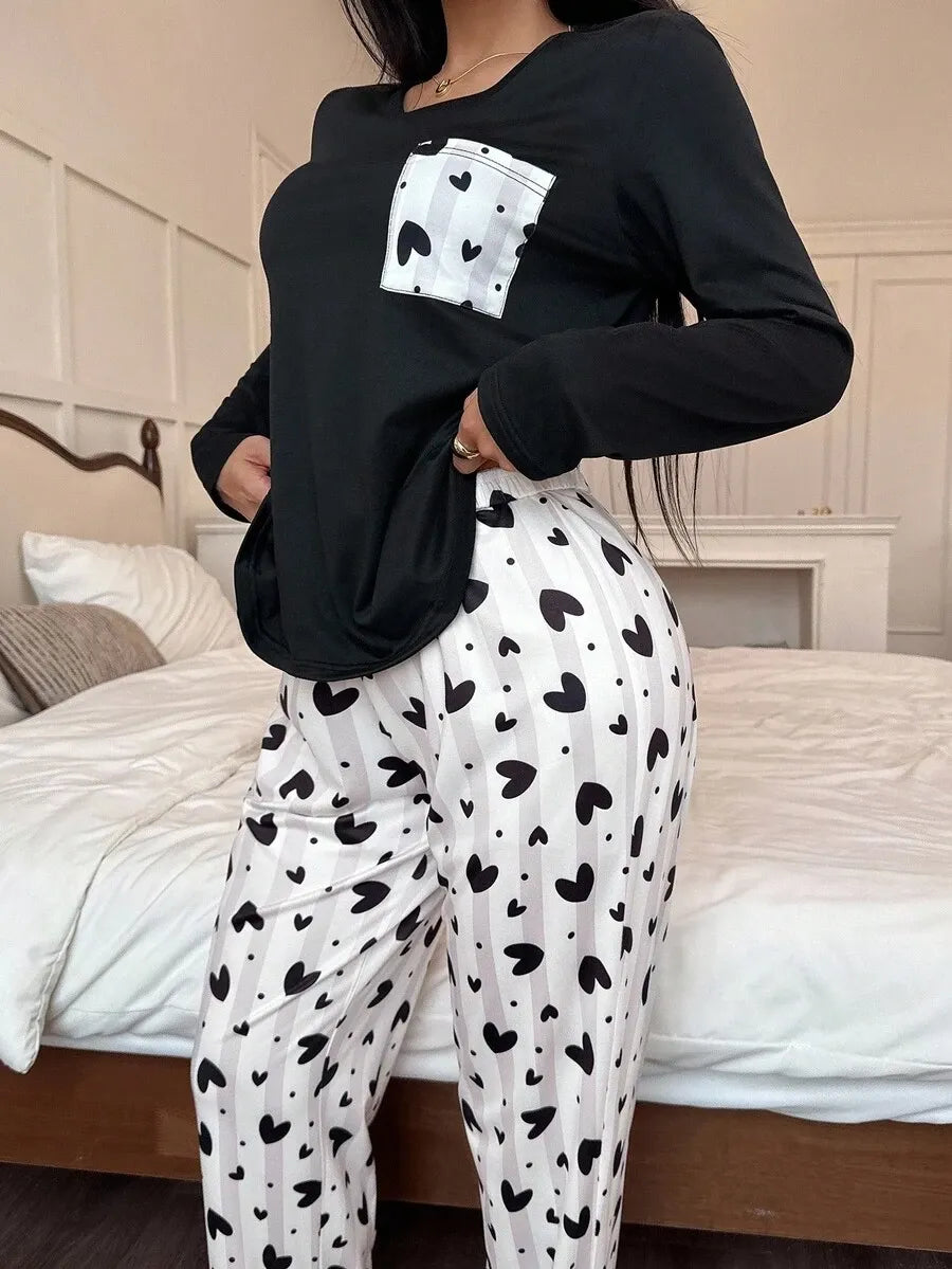 SHEIN Dream Adore طقم بيجامة قطعتين بأكمام طويلة وطبعة قلوب بلون أسود