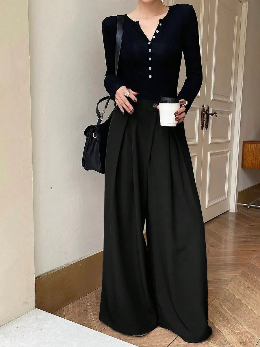 SHEIN DAZY بنطلون بلون الأسود طويل واسع الساق بخصر عالي