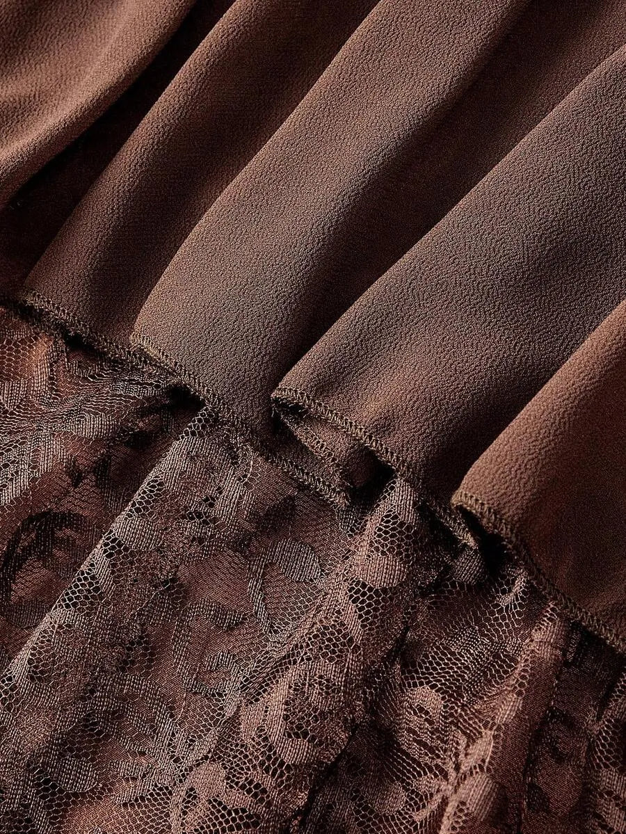 SHEIN MOD تنورة ماكسي نسائية من الشيفون والدانتيل بخصر عالٍ وطبقات بلون بني