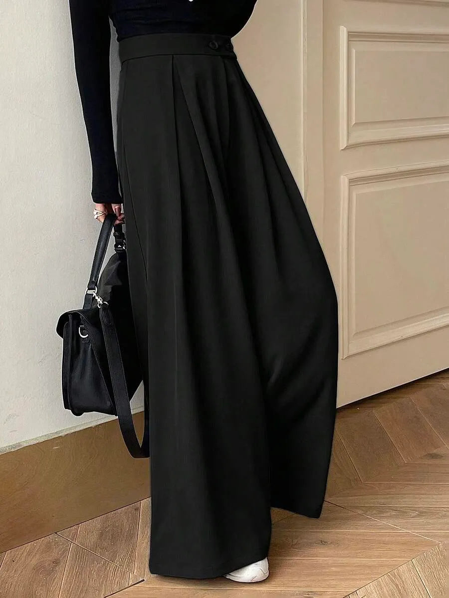 SHEIN DAZY بنطلون بلون الأسود طويل واسع الساق بخصر عالي