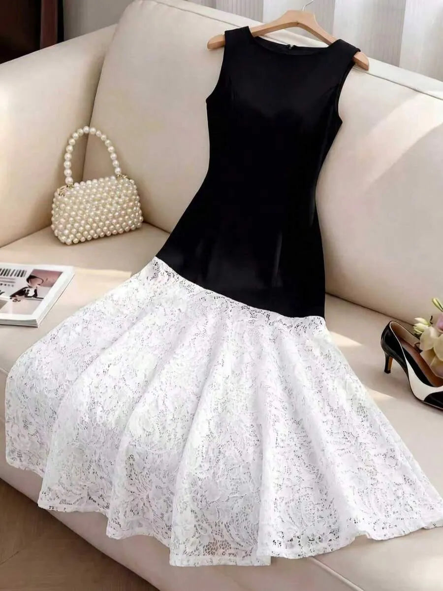 SHEIN Selianne فستان نسائي أنيق بتباين الدانتيل وبدون أكمام أسود