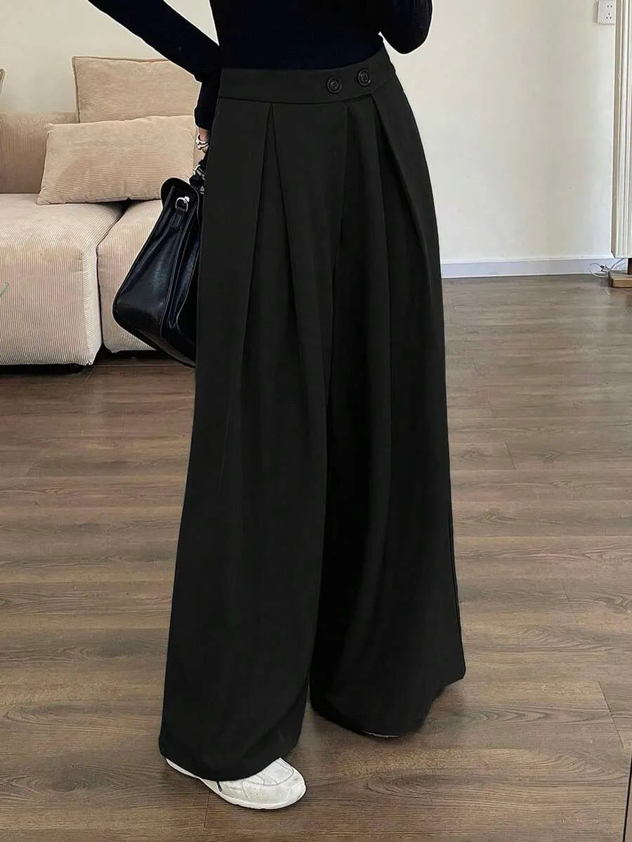 SHEIN DAZY بنطلون بلون الأسود طويل واسع الساق بخصر عالي