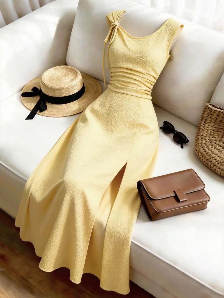SHEIN LUNE فستان أصفر ماكسي بكتف غير متماثل وكشكشة وفتحة جانبية