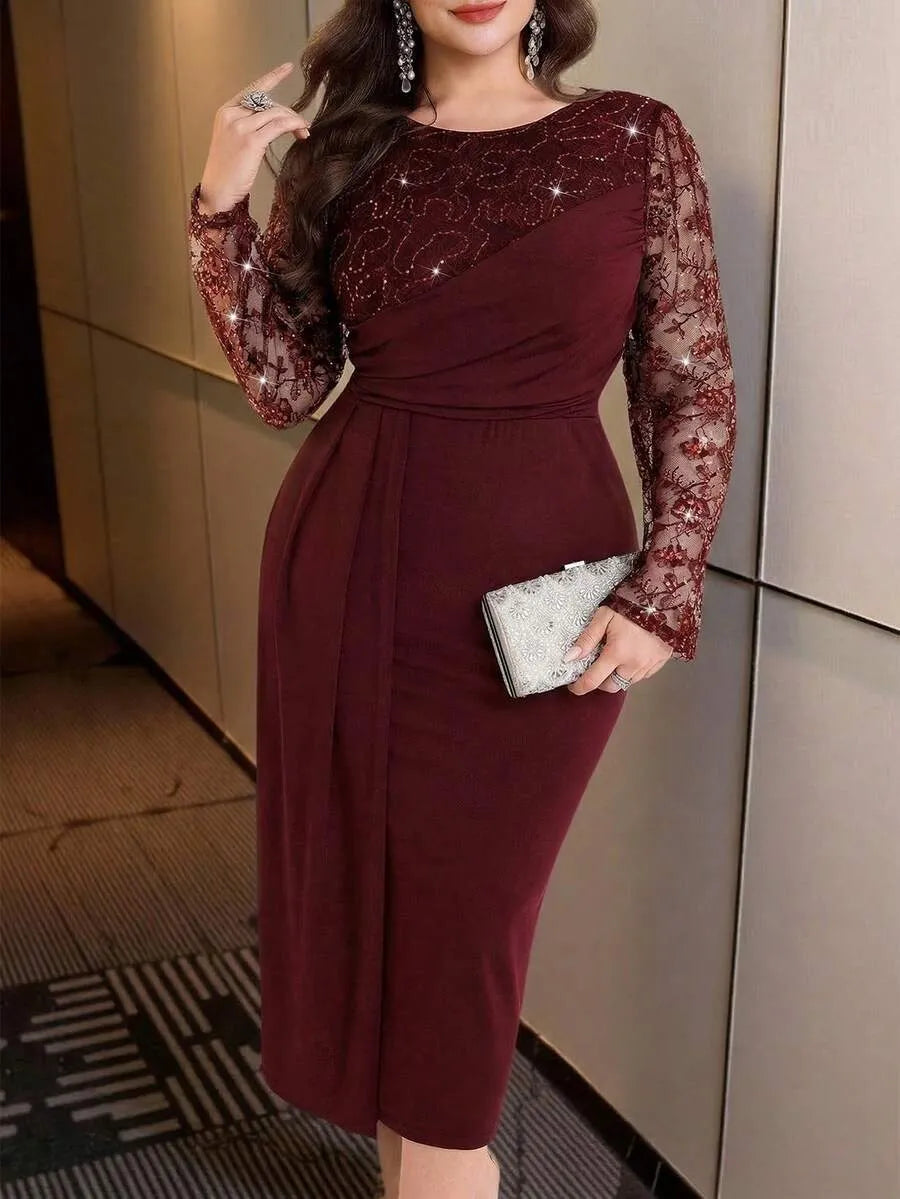 SHEIN Modelyn فستان نسائي ضيق بترتر ودانتيل بلون عنابي