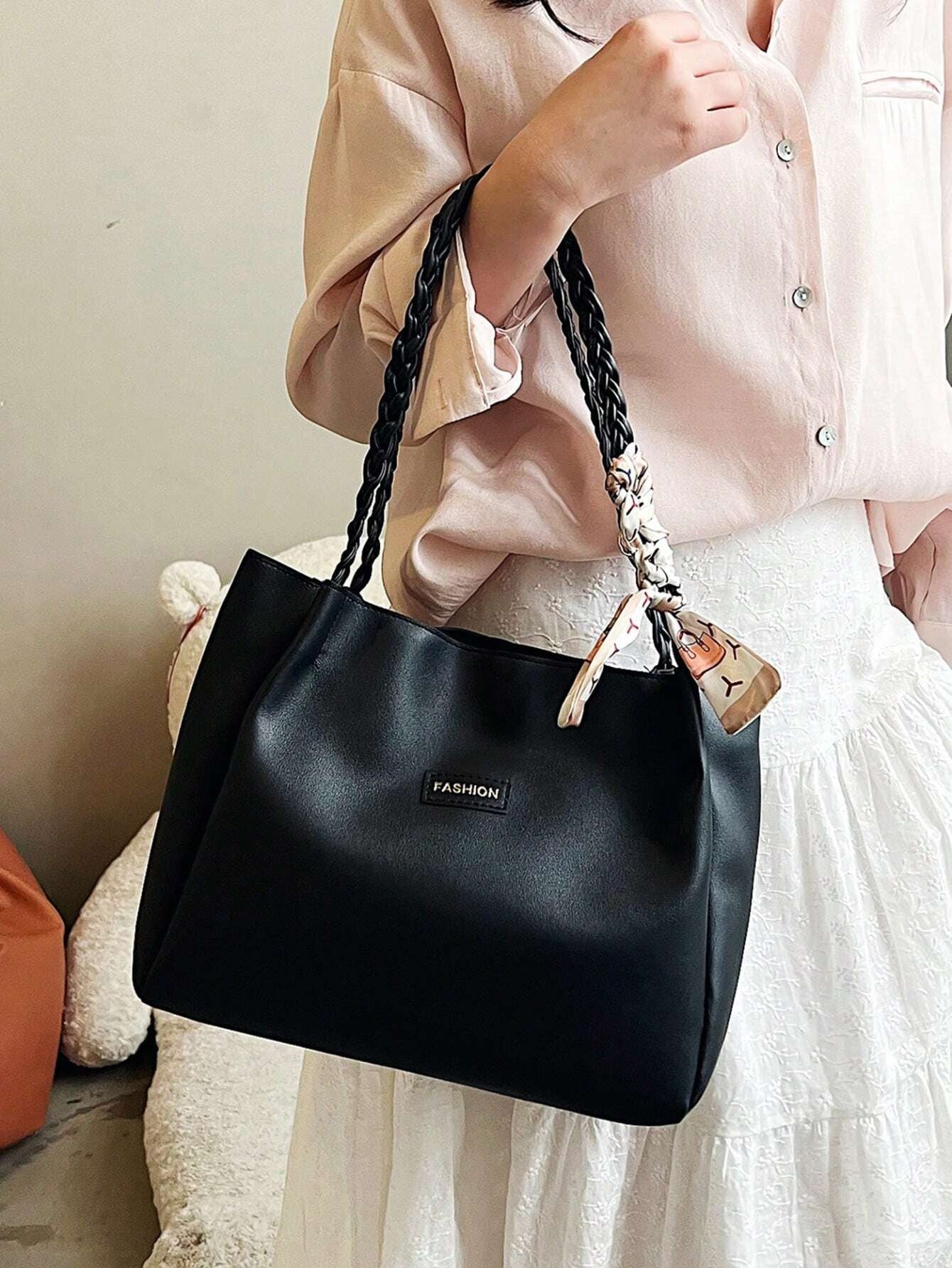 SHEIN  PU حقيبة يد وكتف نسائية بلون أحادي من جلد سعة كبيرة أنيقة مقاومة للماء