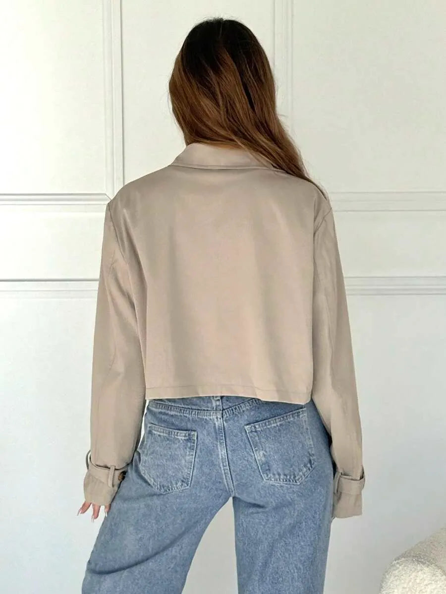 SHEIN EZwear جاكيت نسائي قصير مزدوج الأزرار كاكي