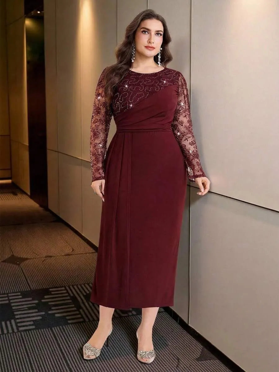 SHEIN Modelyn فستان نسائي ضيق بترتر ودانتيل بلون عنابي
