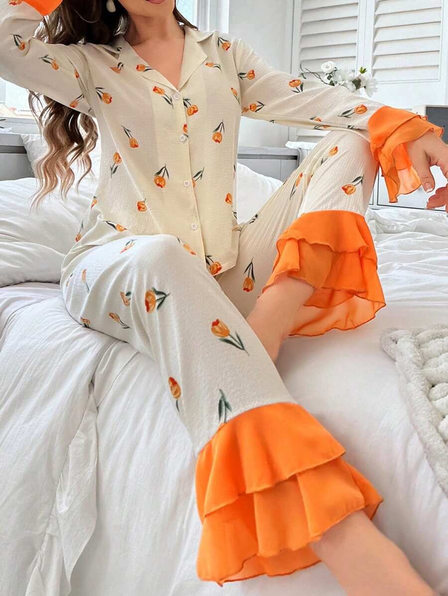 SHEIN CottageSlumber طقم بيجاما  بطبعات زهرية وتفاصيل مكشكشة