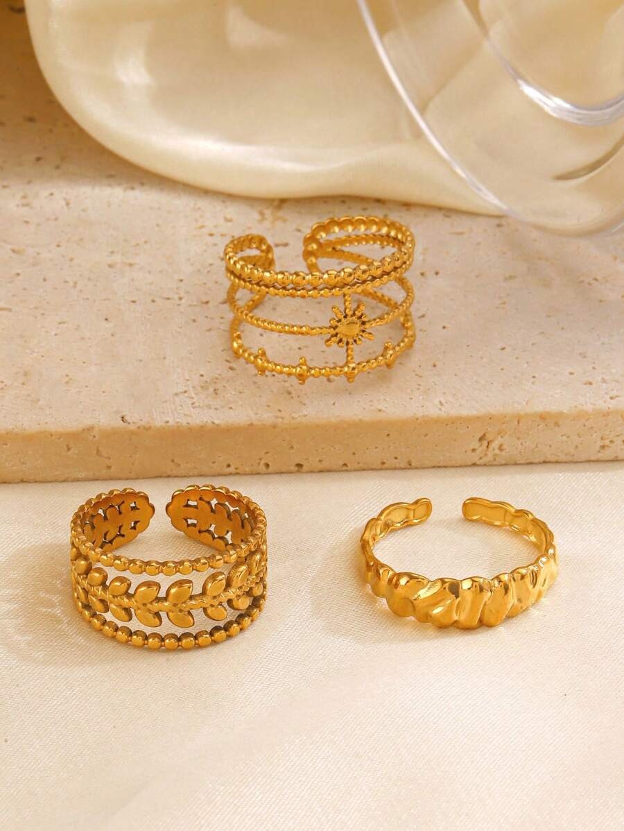 SHEIN 18K طقم 3 خواتم مفتوحة بشكل ورقة مطلية ذهب