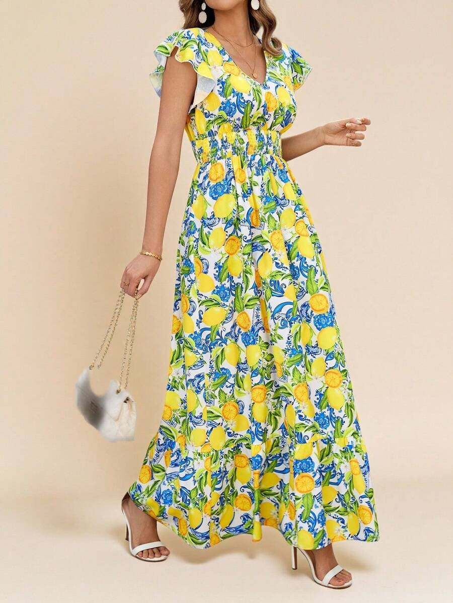 SHEIN Amorya  فستان مطبوع بالكامل برسومات فواكه ونباتات
