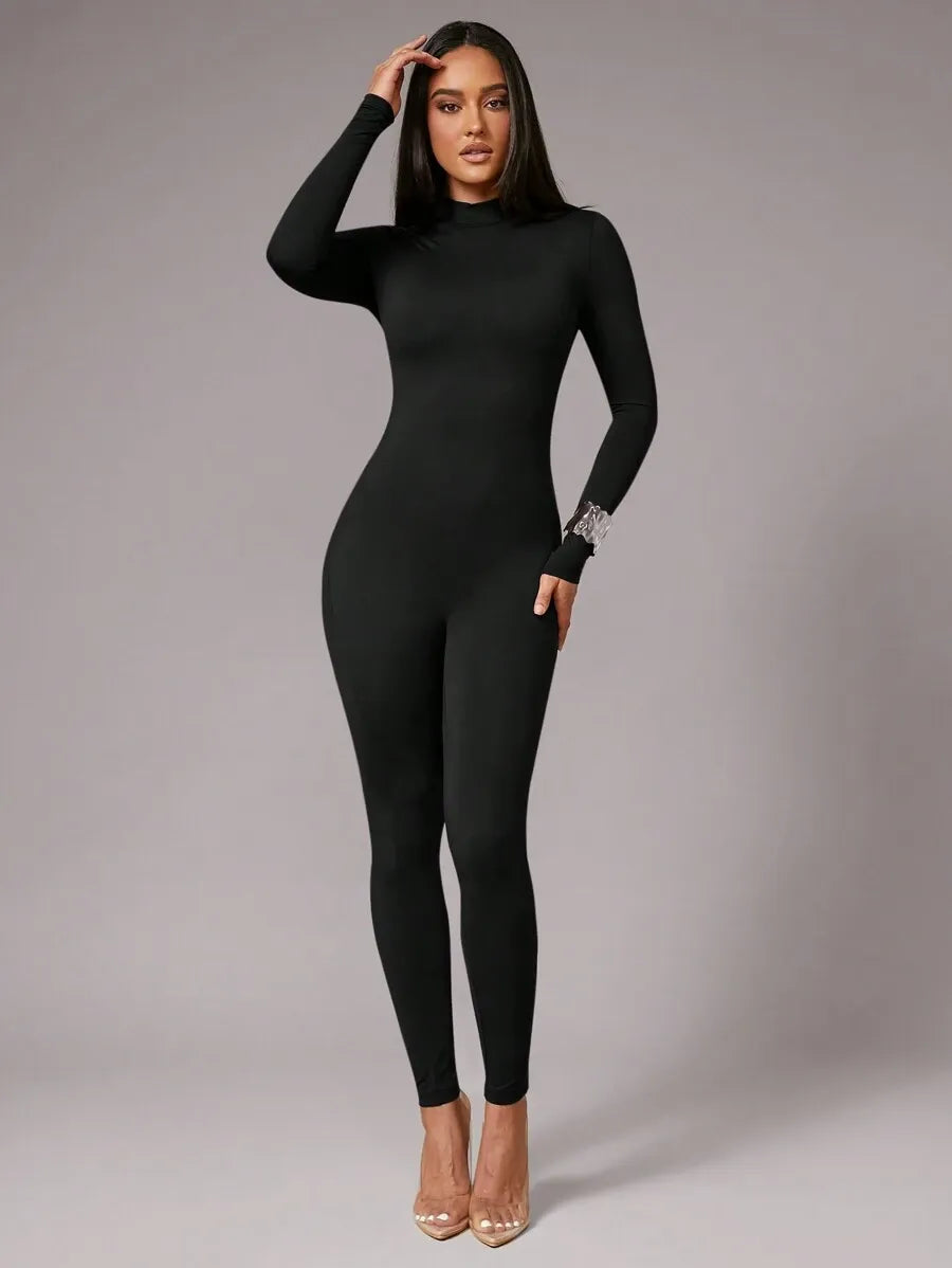 SHEIN Silquee جمبسوت نسائي محبوك بياقة مربعة وأكمام طويلة بلون الأسود