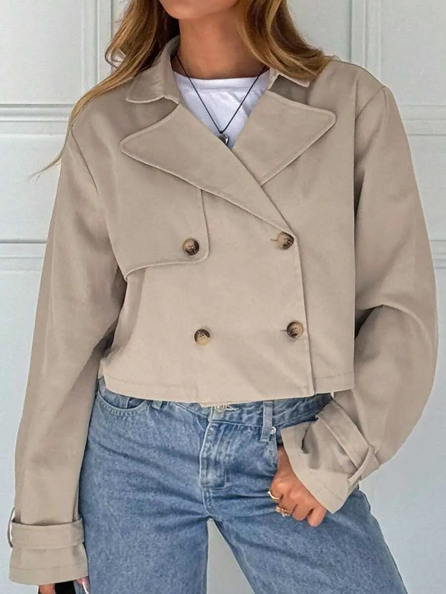 SHEIN EZwear جاكيت نسائي قصير مزدوج الأزرار كاكي